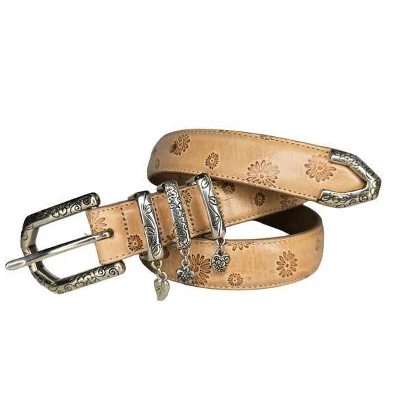 Brighton Floral Embossed Leather Belt With Silver-Tone Accents & Charms Size M - Picture 7 of 9